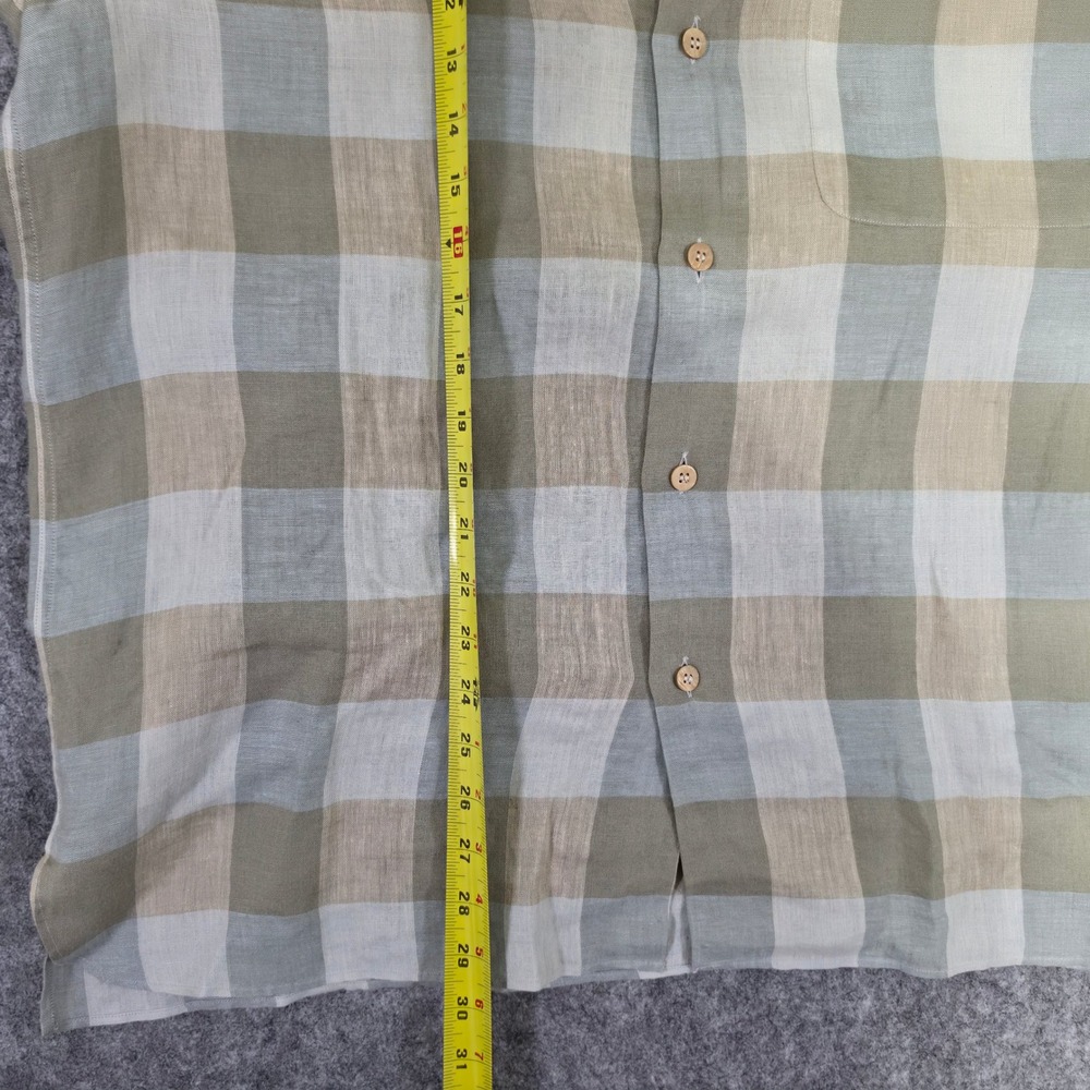 Ermenegildo Zegna Mens 100% Linen Check Button Down Shirt Green Tan Size M - Picture 6 of 8